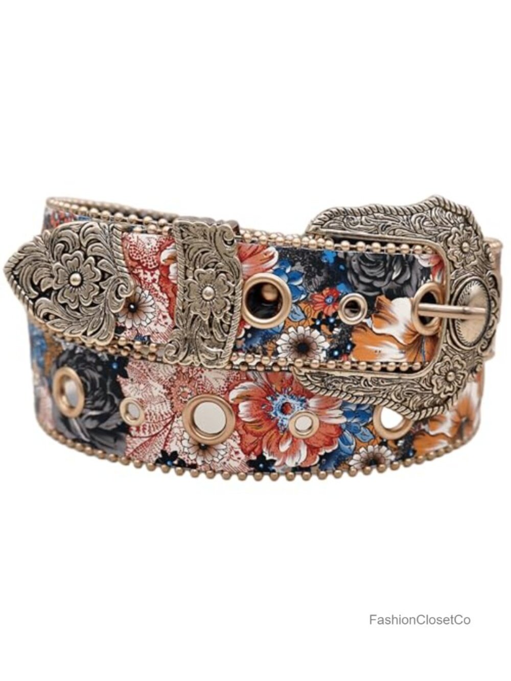 Western Floral Faux Leather Belt Vintage Carved Buckle Adjustable